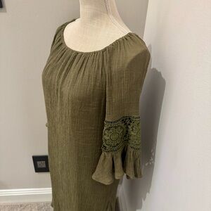 Indigo Rose Olive Green Gauze Dress Crochet Bell Sleeves Boho Lined Size Small